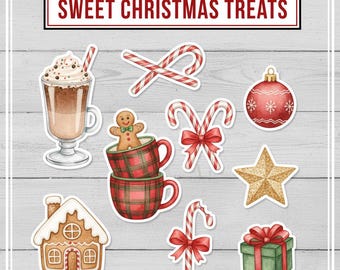 May include: A collection of watercolor Christmas-themed stickers. Includes a gingerbread house, candy canes, a hot chocolate, a gingerbread man in a plaid cup, a star, a gift, and a Christmas ornament. The text "SWEET CHRISTMAS TREATS" is at the top.