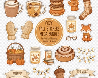 May include: A collection of fall-themed stickers featuring cozy illustrations. Includes a mug of hot chocolate, donuts, mittens, a fox, pumpkins, candles, a cinnamon roll, and banners with text. The central sticker reads "COZY FALL STICKERS MEGA BUNDLE".