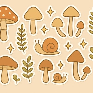 Cottagecore Mushroom & Snail Sticker Set: Kawaii Vinyl Decals (Digital Download