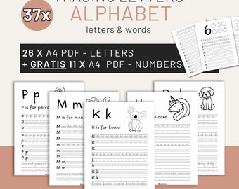 Alphabet Tracing Worksheets | 37 Pages | A4 Printable PDF | Letter Tracing A-Z + Words | BONUS Numbers | Instant Download