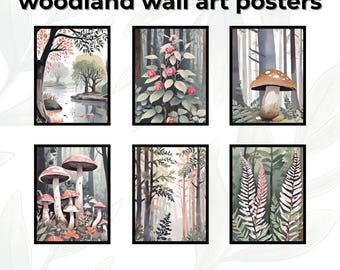 Woodland Posters Set of 6 – Forest Wall Art, Botanical & Mushroom Prints, Nursery Room Decor, Printable Wall Art, Digital Download