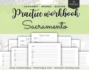 Sacramento Practice Workbook – 15 Page Printable PDF – Alphabet, Words & Quotes – iPad Compatible Hand Lettering Sheets