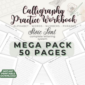 Calligraphy Practice Worksheets | Letters Practice 50 Pages | Printable Workbook PDF | Alphabet, Words, Numbers & Phrases | Instant Download