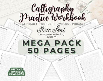 Calligraphy Practice Worksheets | Letters Practice 50 Pages | Printable Workbook PDF | Alphabet, Words, Numbers & Phrases | Instant Download