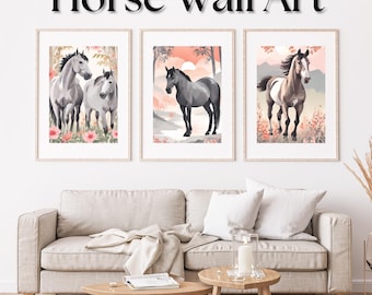 Horse Wall Art Set of 3 Prints | Horse Posters Digital Download | Equestrian Printable Decor | Rustic Boho Farmhouse Animal Artwork