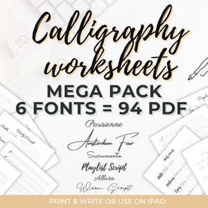 Méga pack de feuilles d'exercices de calligraphie | 6 polices de caractères, 94 pages | Fiches d'exercices d'écriture manuscrite imprimables pour débutants et amateurs de lettres