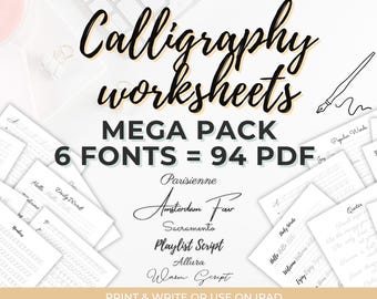 Calligraphy Worksheets Mega Pack | 6 Fonts, 94 Pages | Printable Handwriting Practice Sheets for Beginners and Lettering Lovers