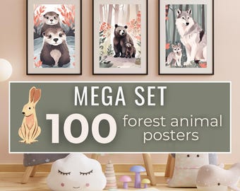 100 Woodland Forest Animal Prints, Nursery Wall Art Posters, Kids Room Decor, Digital Download, Mega Bundle, Scandinavian Printable Set