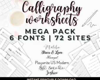 Megapakket kalligrafiewerkbladen | 6 lettertypen, 72 pagina's | Afdrukbare oefenbladen voor handschrift voor beginners en liefhebbers van letters