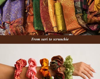 2026 Upcycled Sari Silk Scrunchie, One of a Kind Handmade Indian Sari Hair Tie