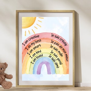 Affirmaties voor kinderen, klasposters, affirmatie, poster met bevestigingen, decoratie voor thuisonderwijs, tweetalige posters (Frans/Engels)