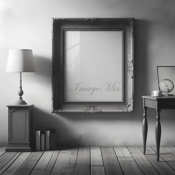 Black and White style Smart object Frame mockup + old school style editable digital scene painting, new shop tools, showing selling canvas