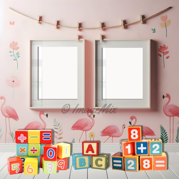 Baby nursery frame mockup toddler girls gallery 4K, children mock up kids bedroom display poster A 1 2 3 4 5 6 portrait vertical din canvas