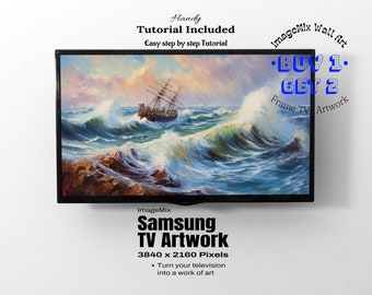 TV ART Ship on sea Samsung tv artwork, oil painting of wild waves interior HD show bank holidays free museum home wall art instant download