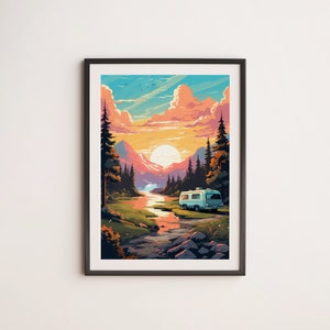 Retro Camper Adventure Print, Vintage Travel Poster, Camping Wall Decor, Wanderlust Inspo, Nature Lover Gift, Wanderlust Poster, Camping Art