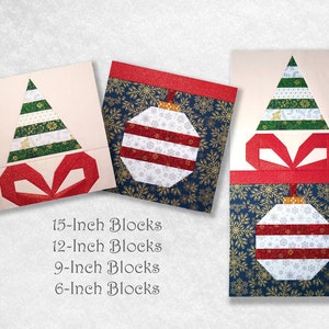 Christmas Trees, Baubles & Presents Quilt Blocks FPP - Printable PDF Pattern (6 inch, 9 inch, 12 inch, 15 inch)