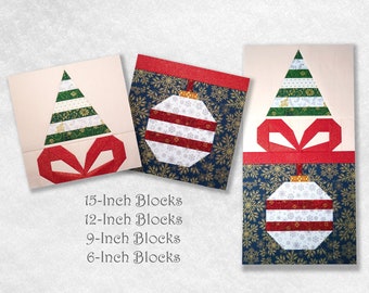 Christmas Trees, Baubles & Presents Quilt Blocks FPP - Printable PDF Pattern (6 inch, 9 inch, 12 inch, 15 inch)
