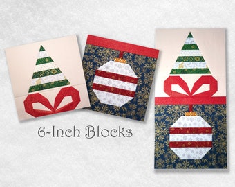 Christmas Trees, Baubles & Presents Quilt Blocks FPP - Printable PDF Pattern (6 x 6 Inch)