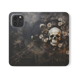 Calavera y flores góticas grunge, funda con tapa para teléfono. Funda con tapa para iPhone y Samsung. Funda para teléfono tipo billetera. Funda para teléfono tipo folio.