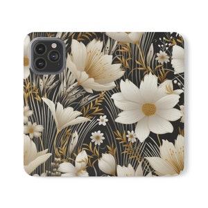 Floral, Phone Flip Case. iPhone, Samsung Phone Flip Case. White Flower Phone Flip Case. Wallet Phone Case. Folio Phone Case.