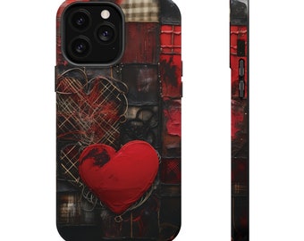 Grunge Heart + Patchwork, MagSafe Tough iPhone Case (Various Sizes, Matte or Glossy Finish). Heart Phone Case. Valentine's Day Gift.