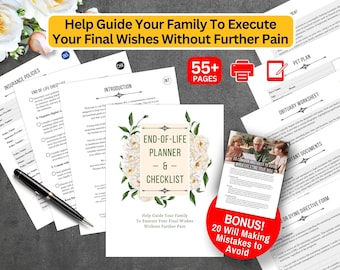 May include: A white and green floral design surrounds the title "End-of-Life Planner & Checklist". The text "Help Guide Your Family To Execute Your Final Wishes Without Further Pain" is below the title. A red circle with the text "BONUS! 20 Will Making Mistakes to Avoid" is in the lower right corner of the image.