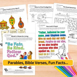 Bible Activity Book for Children, Sunday School Printables, Christian Homeschool Worksheets, Kids Maze Games Activities & Coloring Pages