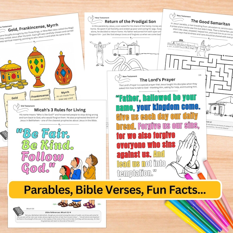 Bible Activity Book for Children, Sunday School Printables, Christian Homeschool Worksheets, Kids Maze Games Activities & Coloring Pages