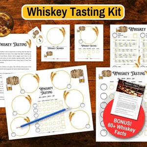 Kit de degustação de uísque definitivo - Pacote para impressão incluindo cartões de pontuação, tapetes, etiquetas e guia de degustação - Perfeito para qualquer amante de uísque e festa