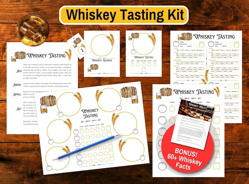 Pu&ograve; includere: Un kit di degustazione di whisky stampabile con sfondo bianco e accenti dorati. Il kit include un foglio di degustazione, un punteggio e un foglio bonus con oltre 60 fatti sul whisky. Il kit &egrave; perfetto per gli appassionati di whisky e per coloro che desiderano saperne di pi&ugrave; sul whisky.