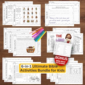 May include: A 6-in-1 ultimate Bible activities bundle for kids featuring various printable worksheets, including Bible characters bingo, word searches, mazes, and scripture tracing pages, accompanied by a set of six colorful felt-tip markers.
