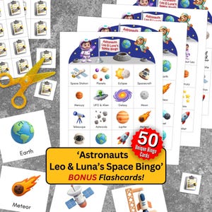 May include: A set of space-themed bingo cards and flashcards. The bingo cards feature illustrations of planets, spacecraft, and astronauts. The set includes 50 unique bingo cards and bonus flashcards. The text on the cards reads "Astronauts Leo & Luna's Space Bingo".