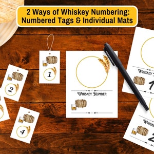 Pu&ograve; includere: Quattro etichette bianche con barili marroni e bicchieri di whisky, numerati da 1 a 4. Due carte bianche con cerchi dorati e il testo "Whiskey Number" e un barile marrone con un bicchiere di whisky, numerati 1 e 2.