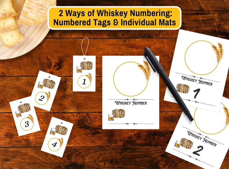 Pu&ograve; includere: Quattro etichette bianche con barili marroni e bicchieri di whisky, numerati da 1 a 4. Due carte bianche con cerchi dorati e il testo "Whiskey Number" e un barile marrone con un bicchiere di whisky, numerati 1 e 2.