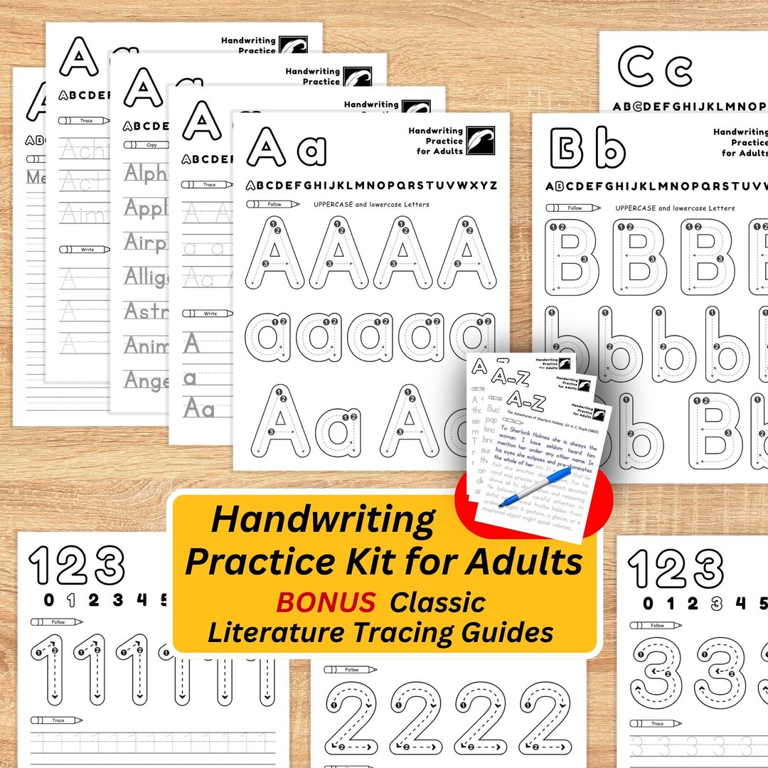 Handwriting Practice Kit for Adults - Alphabet and Numbers Penmanship