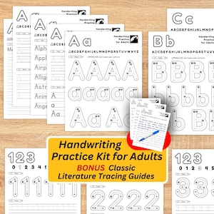 Può includere: Un kit di esercizi di calligrafia per adulti, con lettere maiuscole e minuscole e numeri. Il kit include guide di tracciamento e guide di tracciamento di letteratura classica bonus. Le pagine sono bianche con scritte nere.