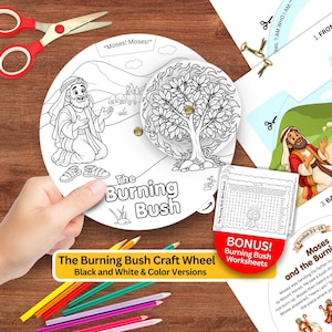Peut inclure: Une roue de bricolage en papier avec une illustration en noir et blanc de Moïse et d'un buisson ardent portant le texte "Moses! Moses!" et "The Burning Bush". L'ensemble comprend des feuilles d'activités, un jeu de mots et des crayons.