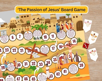 Könnte beinhalten: Ein farbenfrohes Brettspiel, das die Passion Jesu darstellt. Das Spielbrett zeigt Illustrationen von Szenen aus der Bibel, darunter das letzte Abendmahl, der Garten Gethsemane und die Kreuzigung. Das Spiel enthält einen Würfel und Spielfiguren.