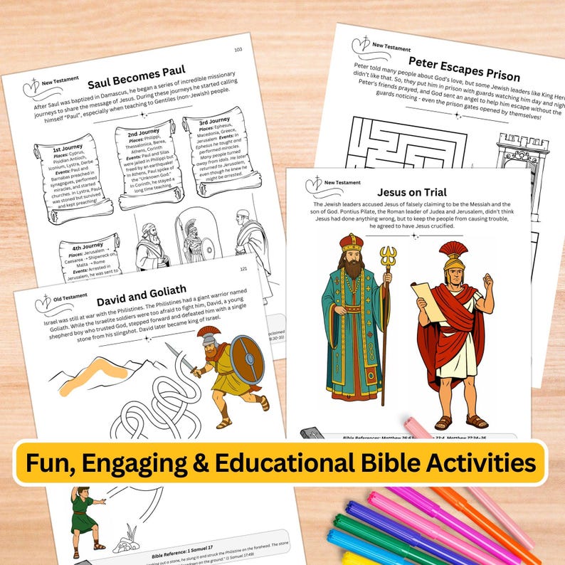 Bible Activity Book for Children, Sunday School Printables, Christian Homeschool Worksheets, Kids Maze Games Activities & Coloring Pages