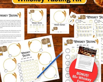 May include: A whiskey tasting kit featuring multiple printed paper sheets with gold-colored wheat and barrel illustrations, a blue pencil, and a bonus facts card. The sheets include sections for tasting notes, color, aroma, and flavor profiles.