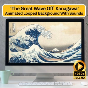 May include: A computer monitor displays an animated looped background of 'The Great Wave Off Kanagawa' with sounds. The artwork features a large blue wave with boats and a mountain in the background. The monitor is on a white desk with a keyboard, mouse, and a green mug.
