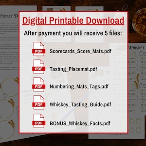 Pu&ograve; includere: Download digitale stampabile per una degustazione di whisky. Il download include cinque file PDF: Scorecards_Score_Mats.pdf, Tasting_Placemat.pdf, Numbering_Mats_Tags.pdf, Whiskey_Tasting_Guide.pdf e BONUS_Whiskey_Facts.pdf.