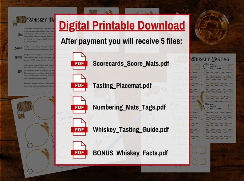 Pu&ograve; includere: Download digitale stampabile per una degustazione di whisky. Il download include cinque file PDF: Scorecards_Score_Mats.pdf, Tasting_Placemat.pdf, Numbering_Mats_Tags.pdf, Whiskey_Tasting_Guide.pdf e BONUS_Whiskey_Facts.pdf.
