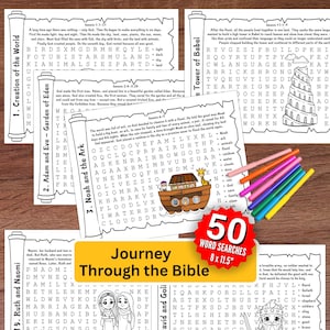 Può includere: Una raccolta di puzzle di ricerca di parole a tema biblico, intitolata "Journey Through the Bible". La copertina presenta illustrazioni colorate dell'Arca di Noè, un arcobaleno e altre scene bibliche. Include 50 ricerche di parole, 20.3 x 29.2 cm.