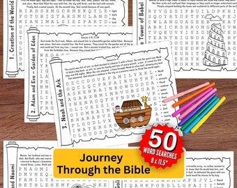 Może przedstawiać: Zestaw łamigłówek z wyszukiwaniem słów o tematyce biblijnej, zatytułowany "Journey Through the Bible". Okładka zawiera kolorowe ilustracje Arki Noego, tęczy i innych scen biblijnych. Zawiera 50 wyszukiwań słów, 20.3 x 29.2 cm.