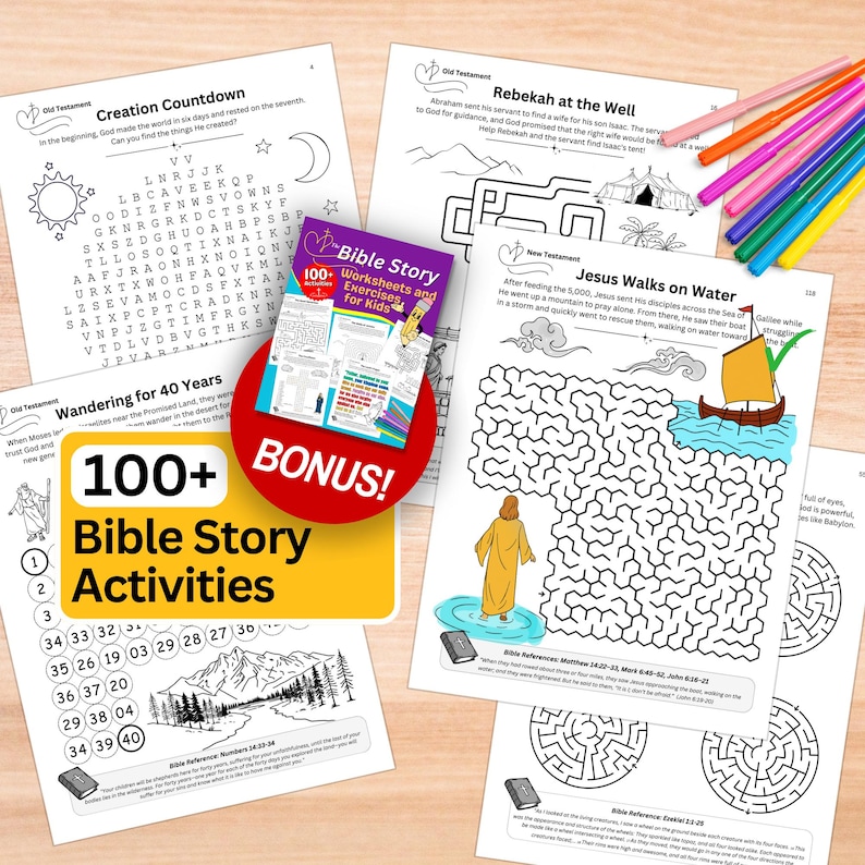 Bible Activity Book for Children, Sunday School Printables, Christian Homeschool Worksheets, Kids Maze Games Activities & Coloring Pages
