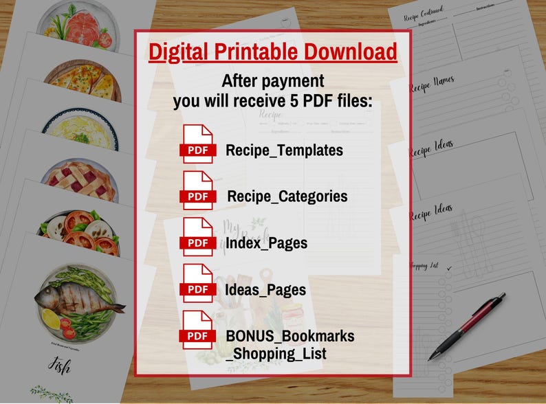 Recipe Binder Printable Kit - Cookbook Templates, Recipe Sheets & Dividers - Digital Download for Recipe Organization - DIY Kitchen Planner