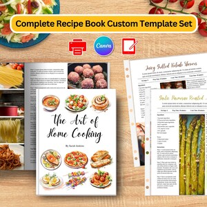 Puede incluir: Un conjunto de plantillas de libro de recetas imprimibles con una ilustración de acuarela de comida en la portada. La portada dice "The Art of Home Cooking by Sarah Jackson". Las plantillas incluyen recetas de albóndigas de espagueti, brochetas de albóndigas a la parrilla jugosas y espárragos asados ​​con parmesano y ajo.