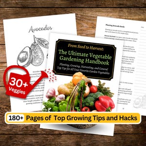 May include: A gardening handbook titled "The Ultimate Vegetable Gardening Handbook" with text that reads "Planting, Growing, Harvesting, and General Top Tips for All Your Favorite Garden Vegetables." The image includes a basket of fresh vegetables and the text "30+ Veggies" and "180+ Pages of Top Growing Tips and Hacks."