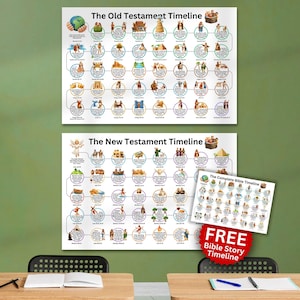 Könnte beinhalten: Zwei große Lehrplakate mit den Titeln The Old Testament Timeline und The New Testament Timeline, die bunte kreisförmige Illustrationen biblischer Ereignisse mit Text sowie ein kleineres passendes Handout und einen roten runden Aufkleber zeigen.
